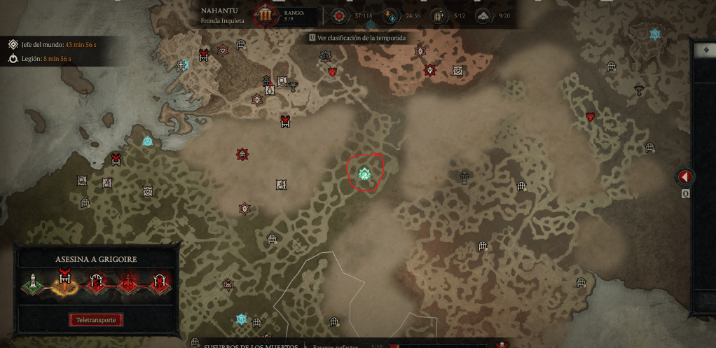 Mapa del juego con diferentes marcadores y objetivos, incluyendo una misión para asesinar a Grigoire, con temporizador y clasificaciones visibles.