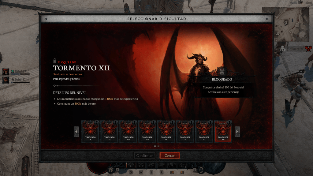 Pantalla de selección de dificultad en un videojuego, mostrando Tormento XII bloqueado, con detalles sobre la experiencia y oro en el nivel.