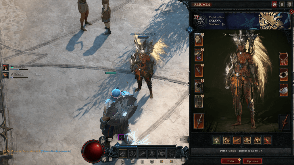 Interfaz del juego Diablo IV mostrando un resumen del personaje Espiritualista Sayana, con estadísticas y equipamiento visible.