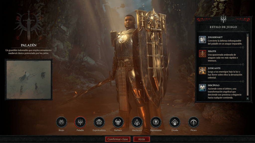 Pantalla de selección del personaje Paladín en un videojuego, con descripción del estilo de juego y opciones de clase.