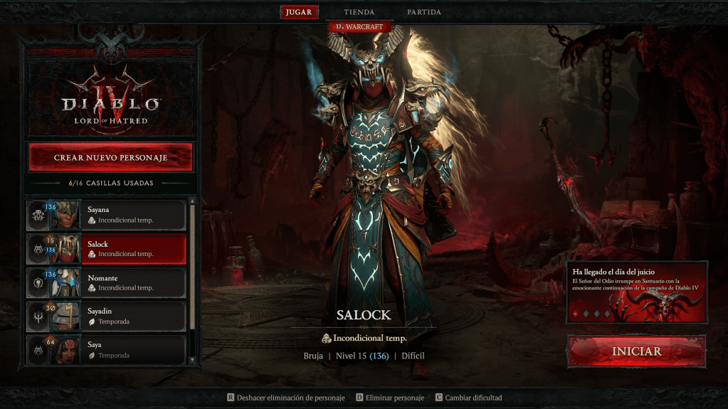 Interfaz del videojuego Diablo IV, mostrando un personaje llamado Salock en nivel 15 y varias opciones de juego y personajes.