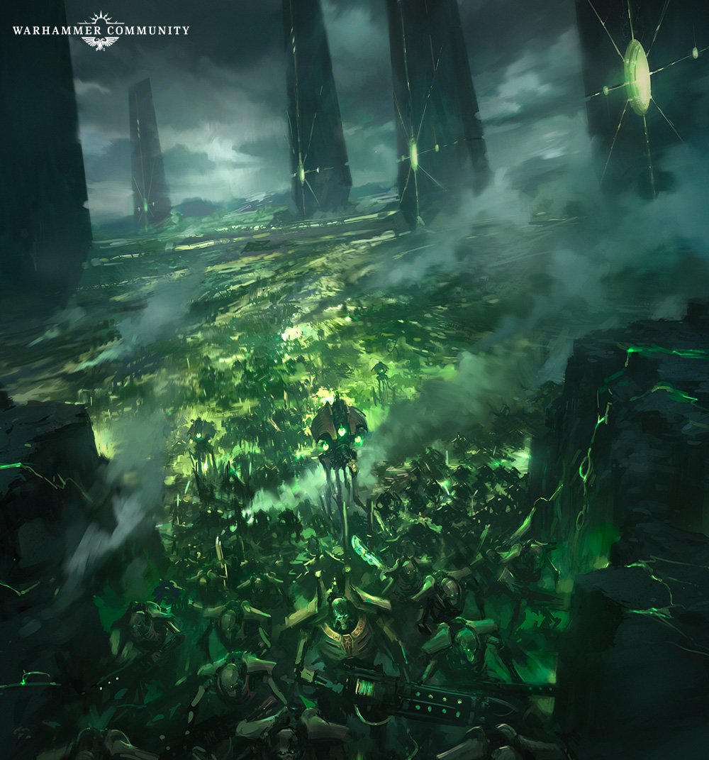 Legiones Necronas avanzan bajo estructuras alienígenas iluminadas en verde