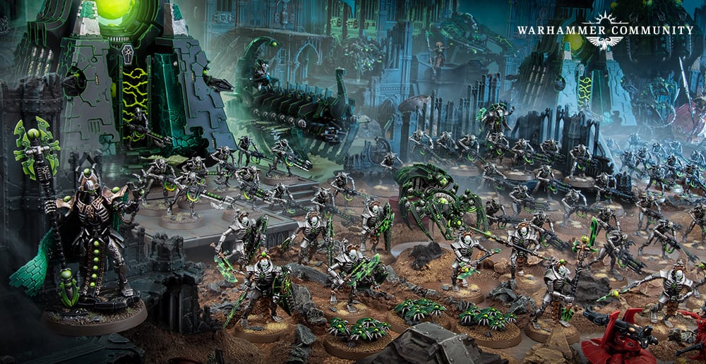 Ejército de miniaturas Necronas pintadas y desplegadas entre ruinas