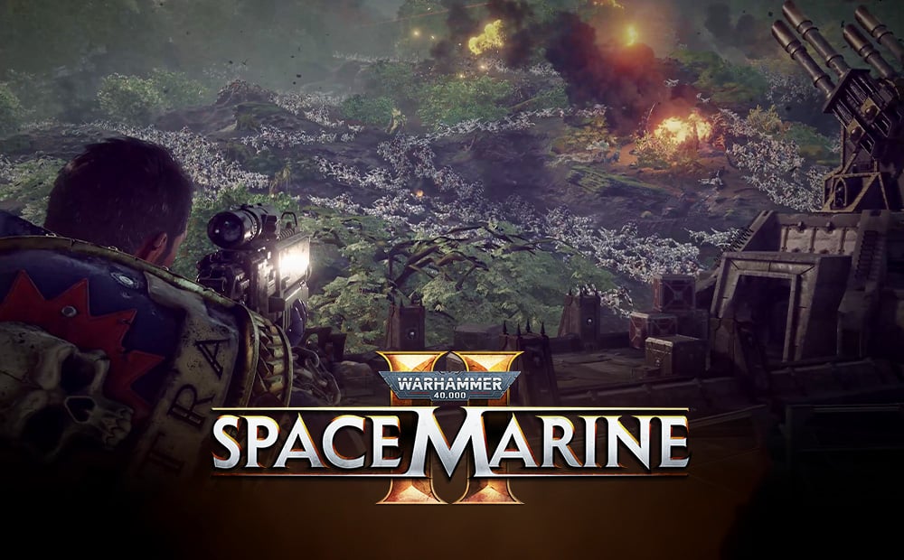 Un Space Marine apunta hacia una horda de Tiránidos en Space Marine 2